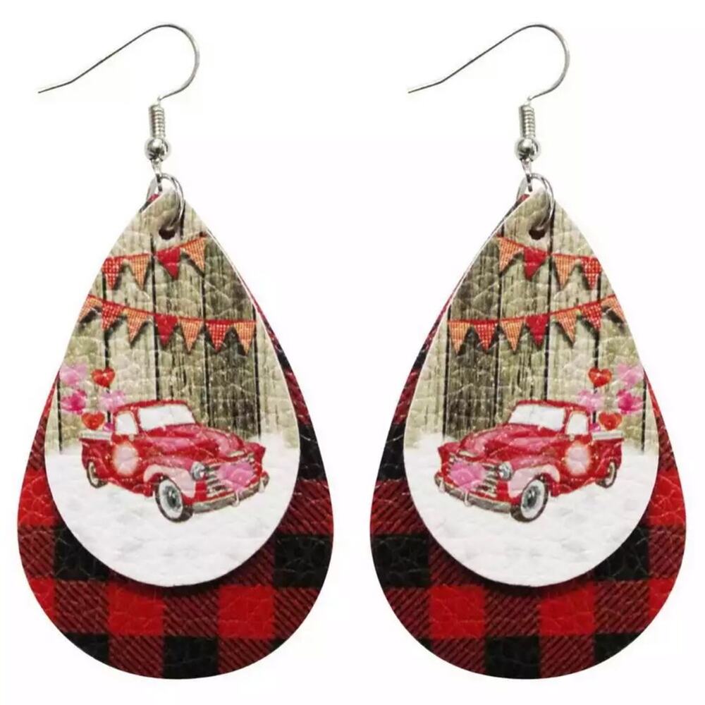 Country Style Vegan Leather Plaid Holiday Earrings - Picture 1 of 3
